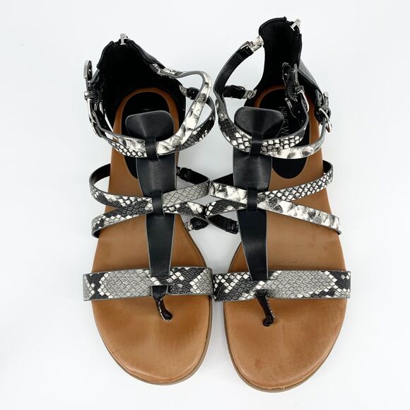 Nine West Gladiator Strappy Sandals Flats 9.5M Women Snake Print Gray Black BOHO - Picture 3 of 13